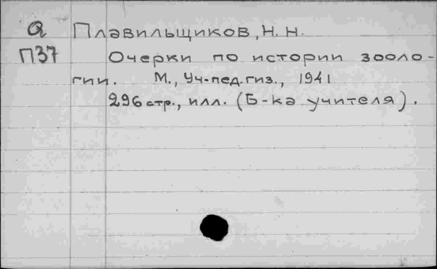 ﻿а пъ1
П ЛЭВИ ЛЬЩИКОВ , Н. Н-
Очерки no истории Зоодо г и и . М., Уч-пед.гиэ.,, IÔ-4 I
&-г|о., илл. (В-ка ^чит GA^J,